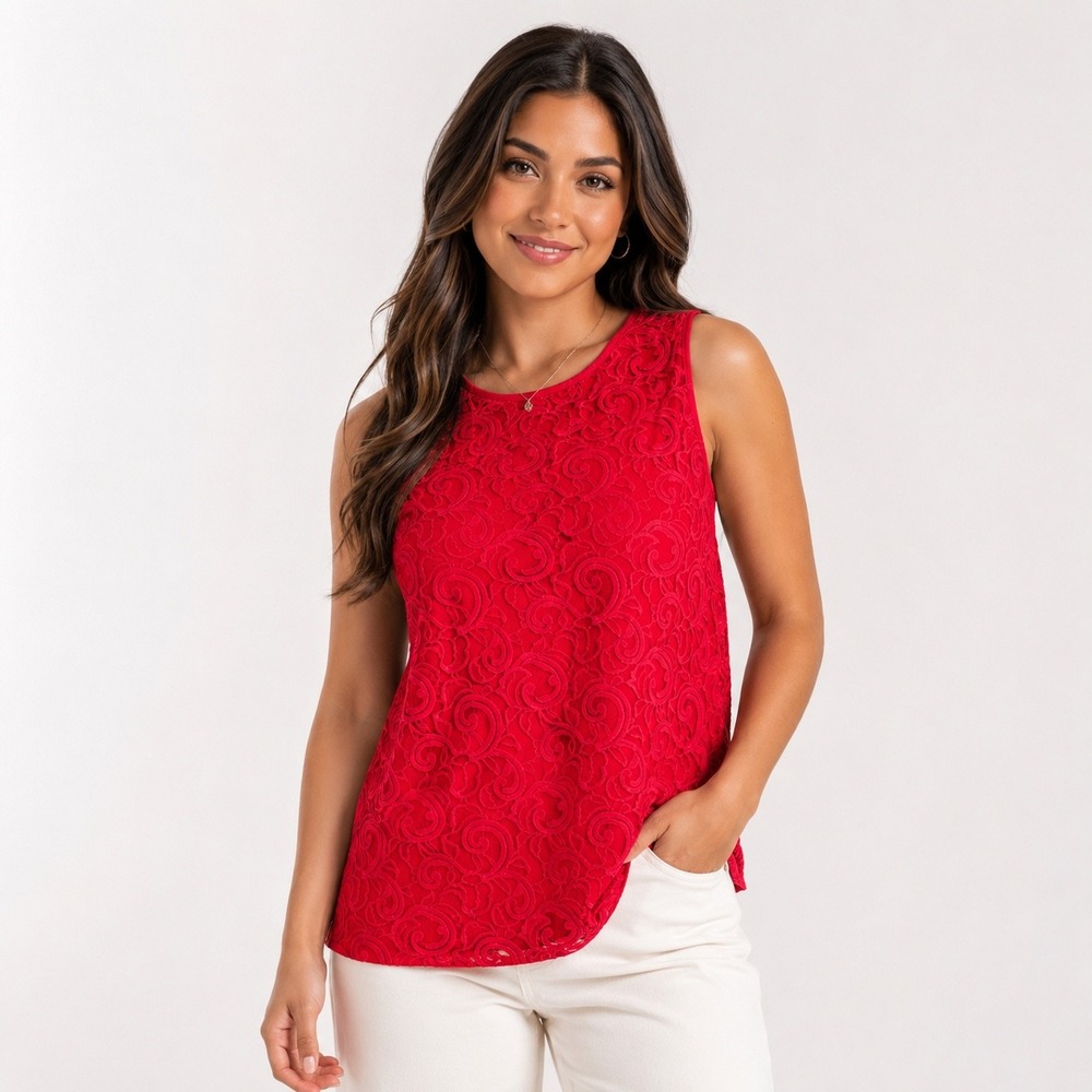 Adrianna Papell Womens Red Floral Lace Sleeveless Blouse Crew Neck Top XL